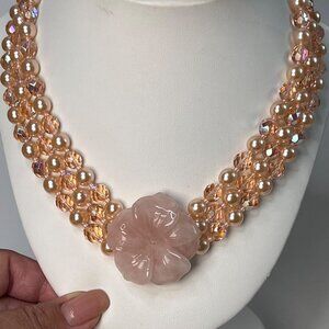 Vintage Rose Quartz Flower Necklace With Glass Beads & Faux Pearls 16 Inch